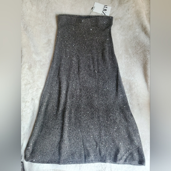 Zara set co-ord sequin knit sweater & midi skirt A-line taupe/brown sz M BNWT - Picture 13 of 13